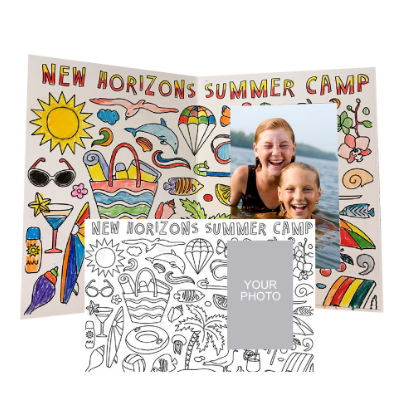Summer camp photo frame with colorful illustrations and a photo placeholder