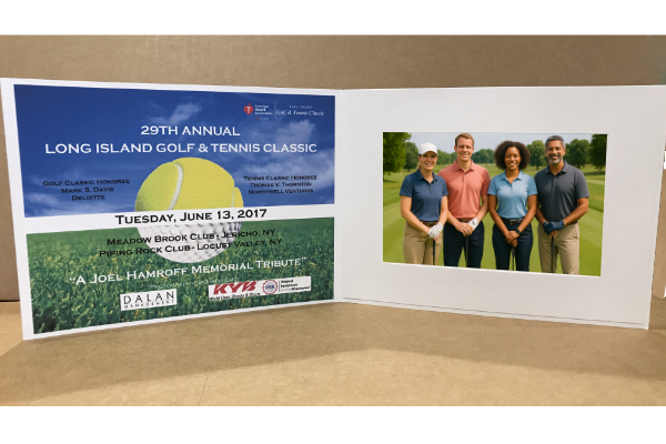 Golf event cardboard photo folder with a image of four people on a golf course