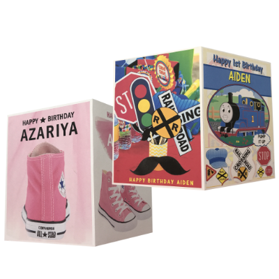 Three colorful birthday photo insert cards with different designs on a white background