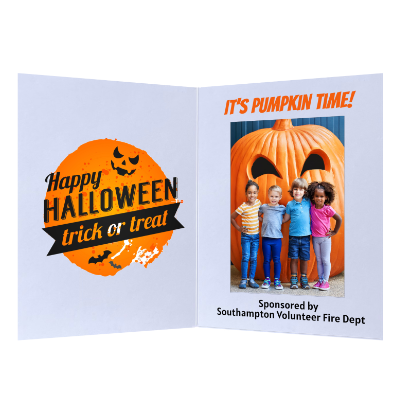 Halloween-themed greeting card with children and a pumpkin
