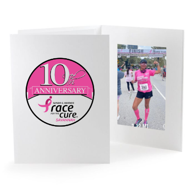 Race for the Cure 10th Anniversary card with a photo of a runner in a pink shirt.