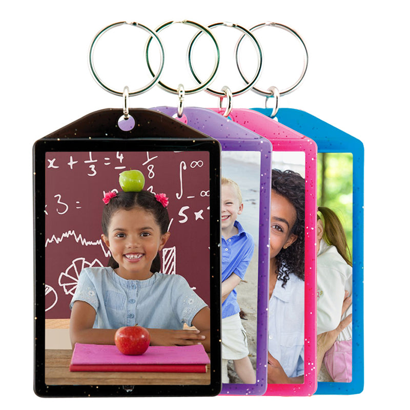 1-3/4 x 2-3/4 Translucent Sparkle Photo Keychains - four colors, black, purple, hot pink and blue