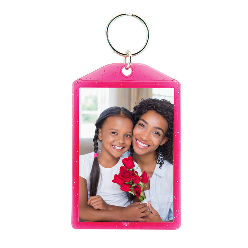 2 x 2-7/8 Translucent Sparkle Photo Keychains - Hot Pink