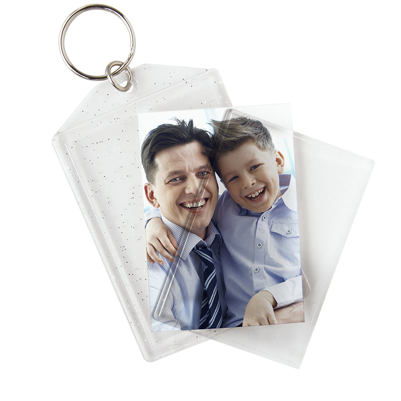 2 x 2-7/8 Clear Sparkle Photo Keychains - detail