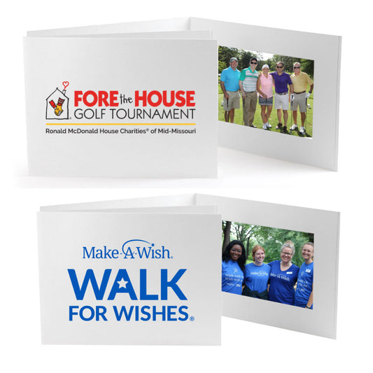 6x4 horizontal photo folders designed by you in color. Use your own graphics or or ours. 